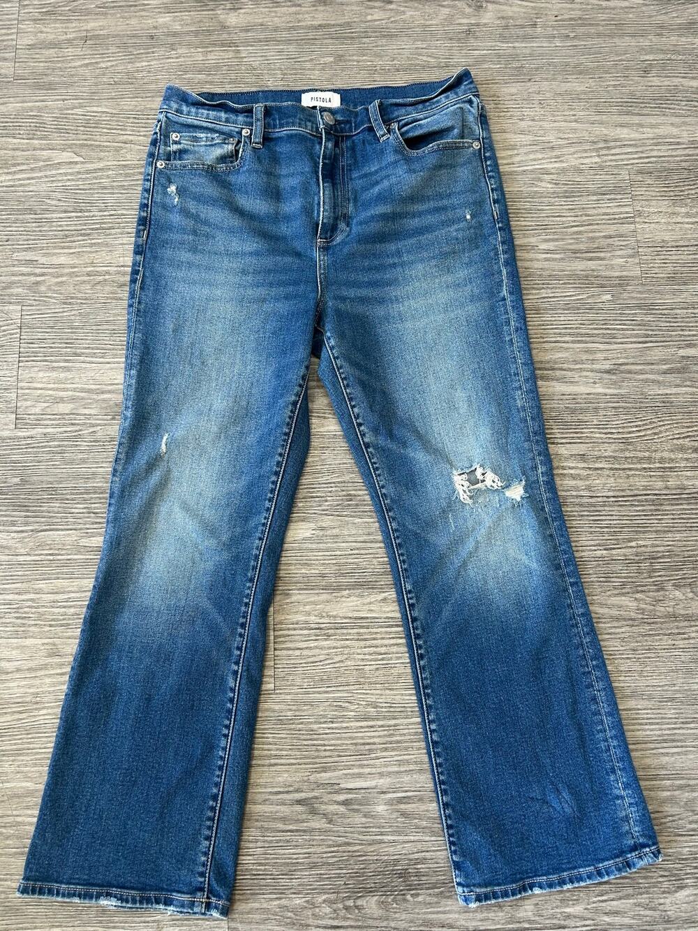 PISTOLA Distressed Crop Flare Jeans Sz 29 Medium Wash Stretch Denim P00016088SJ